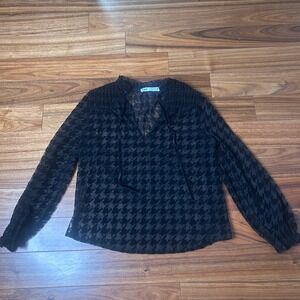 Zara Houndstooth‎ Blouse Sheer Long Sleeve Top Black Semi-Formal Medium